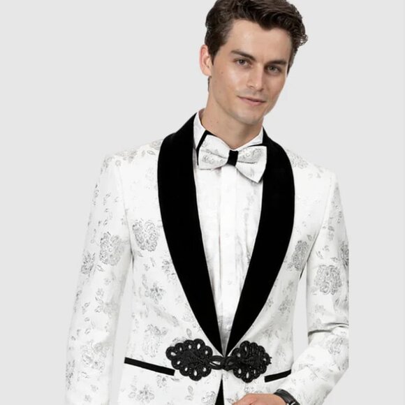 All White Mens Tuxedo Wedding Suit Mens Velvet Shawl Lapel